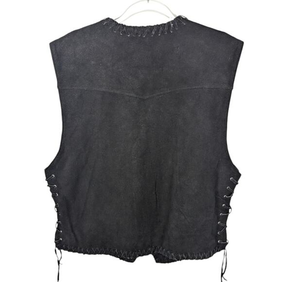 VTG Horizon Bloomingdales Black Suede Vest Lace Up Sides Cross Stitch XL NWT - Picture 2 of 9